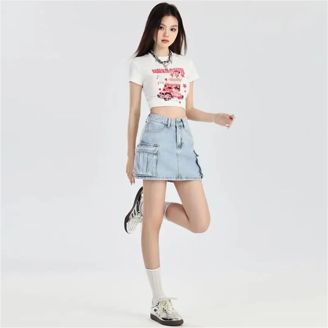 Women's Vintage High-Waisted Denim Skirt Mini Dress Korean Pocket Design Skirt