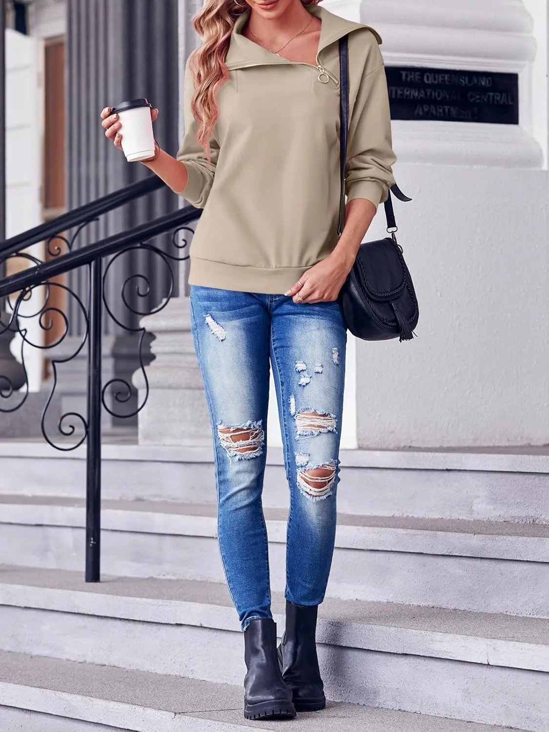 Womens Zipper Sweatshirt Turtleneck Long Sleeve Pullover Casual Loose Sweatshirts Top T Shirts