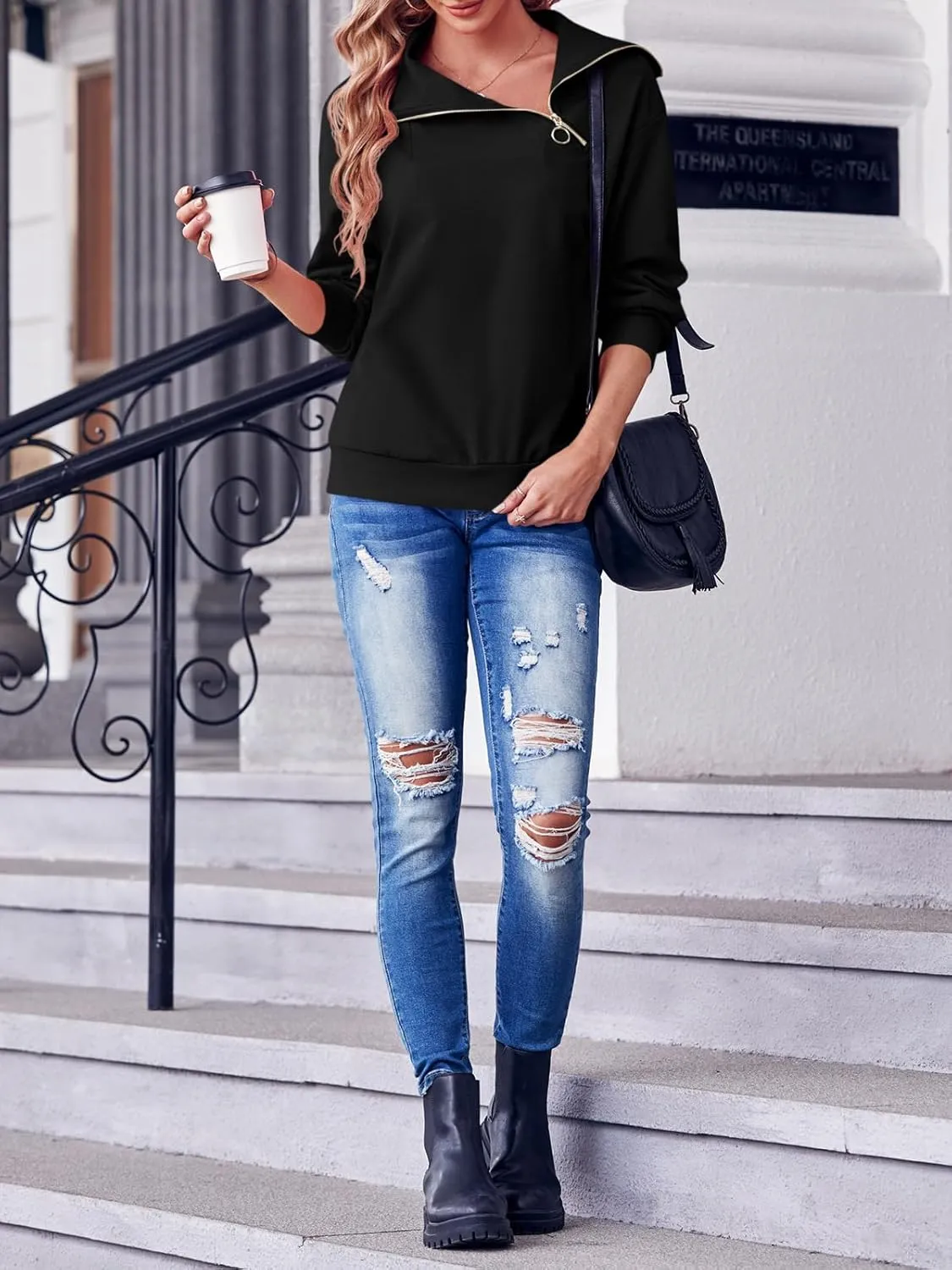 Womens Zipper Sweatshirt Turtleneck Long Sleeve Pullover Casual Loose Sweatshirts Top T Shirts