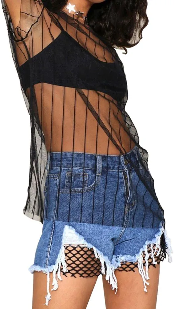 WuLun Women's Sexy Summer Street Paris Letter Print See Through Mesh T-Shirts Tops