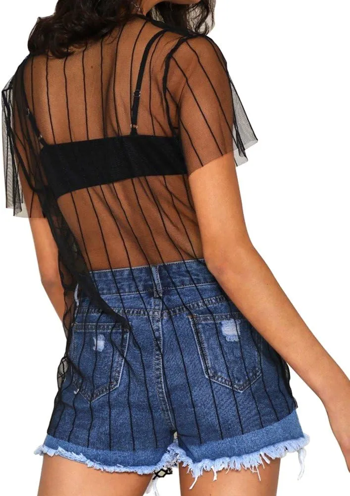 WuLun Women's Sexy Summer Street Paris Letter Print See Through Mesh T-Shirts Tops