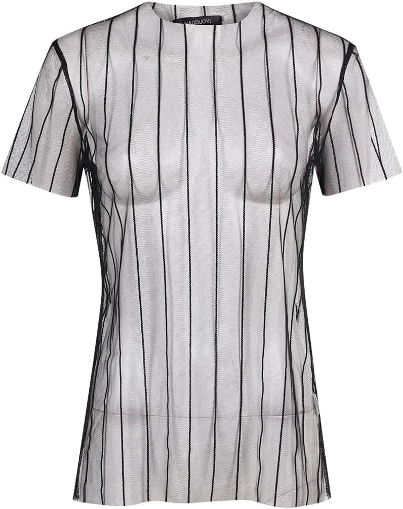 WuLun Women's Sexy Summer Street Paris Letter Print See Through Mesh T-Shirts Tops