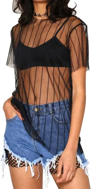 WuLun Women's Sexy Summer Street Paris Letter Print See Through Mesh T-Shirts Tops