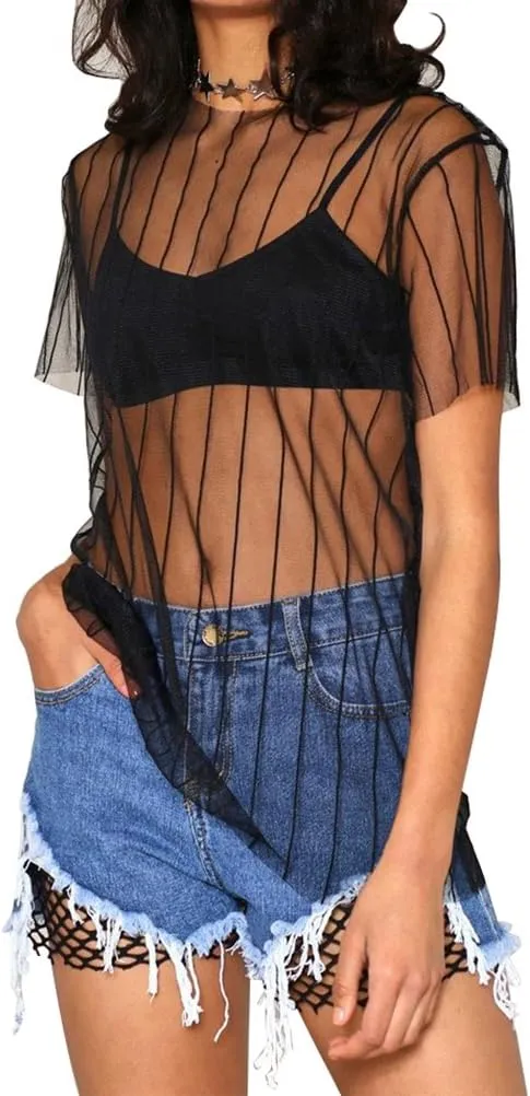 WuLun Women's Sexy Summer Street Paris Letter Print See Through Mesh T-Shirts Tops