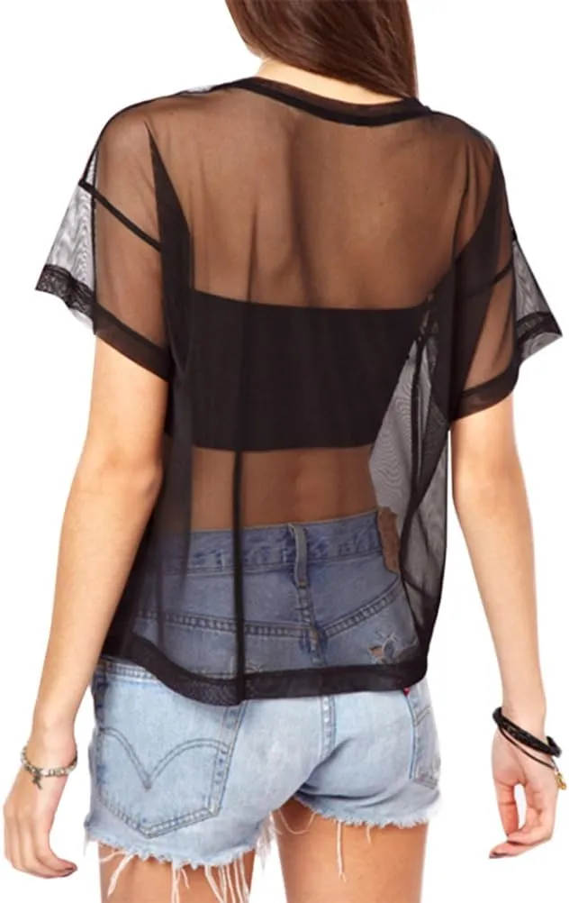 WuLun Women's Sexy Summer Street Paris Letter Print See Through Mesh T-Shirts Tops