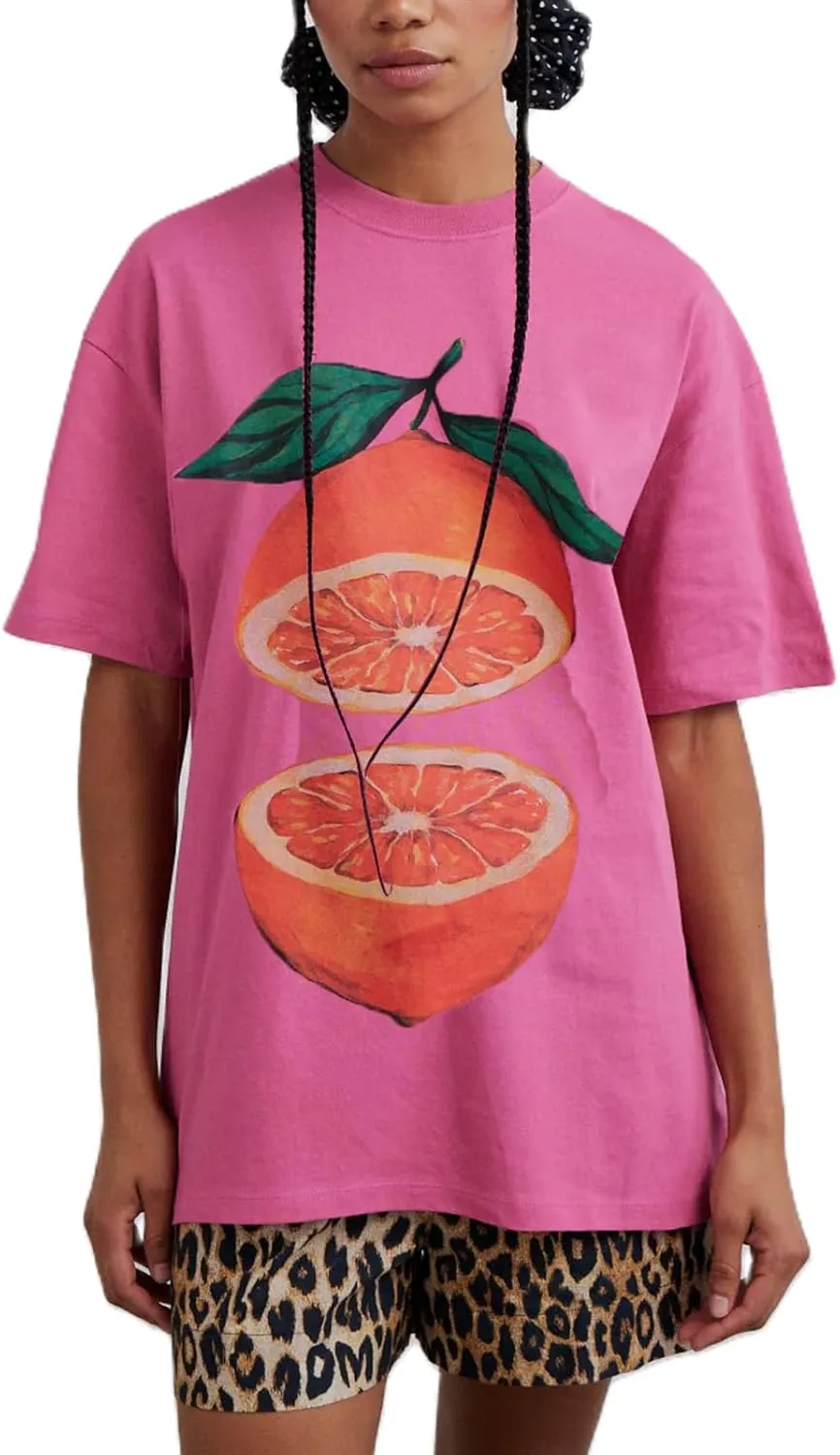 Y2k Womens Oversized Fruit Graphic Print Tees Shirts Vintage Flower Baggy Tshirt Tops Coastal Clothes Aesthetic