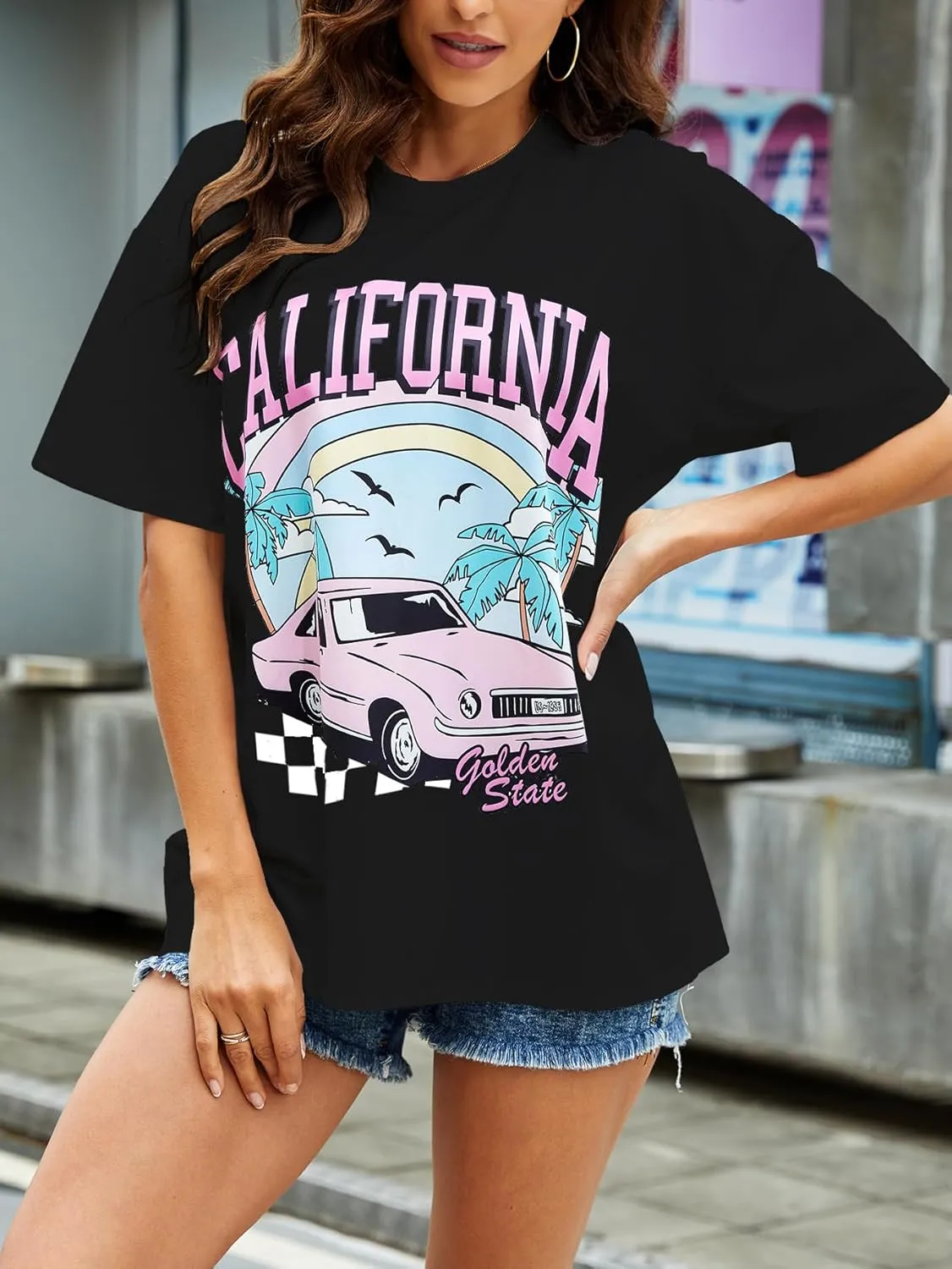 YIJIU Women's Graphic Oversized T Shirts Letter Print Short Sleeve Loose Casual Summer Tops