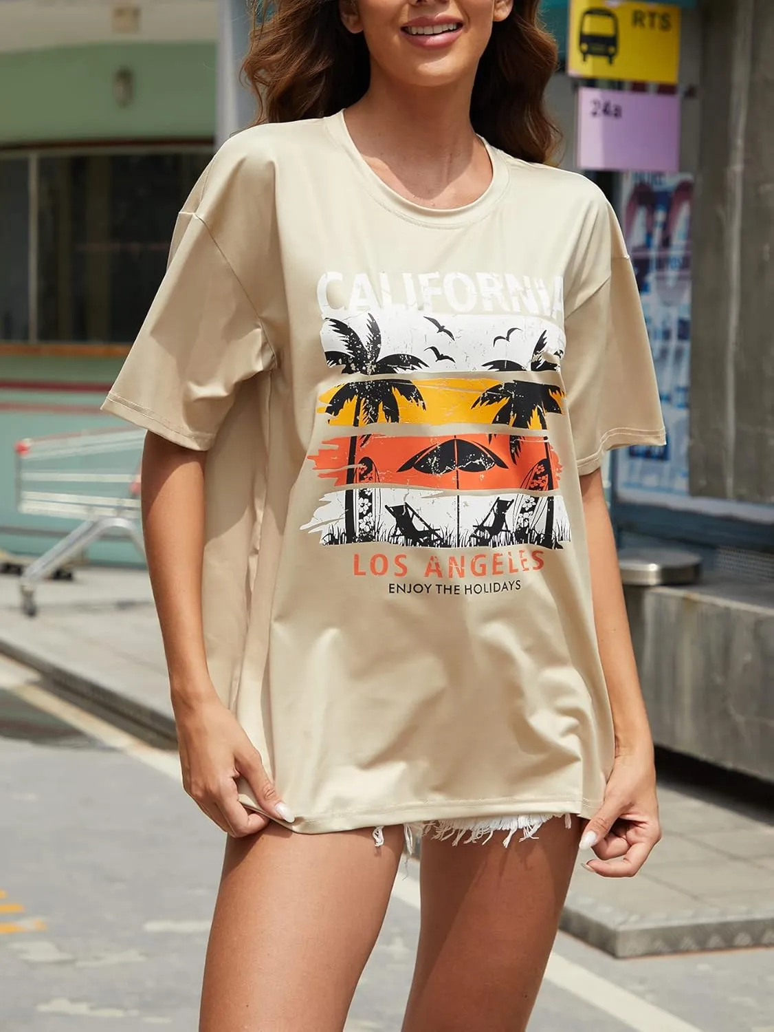 YIJIU Women's Graphic Oversized T Shirts Letter Print Short Sleeve Loose Casual Summer Tops