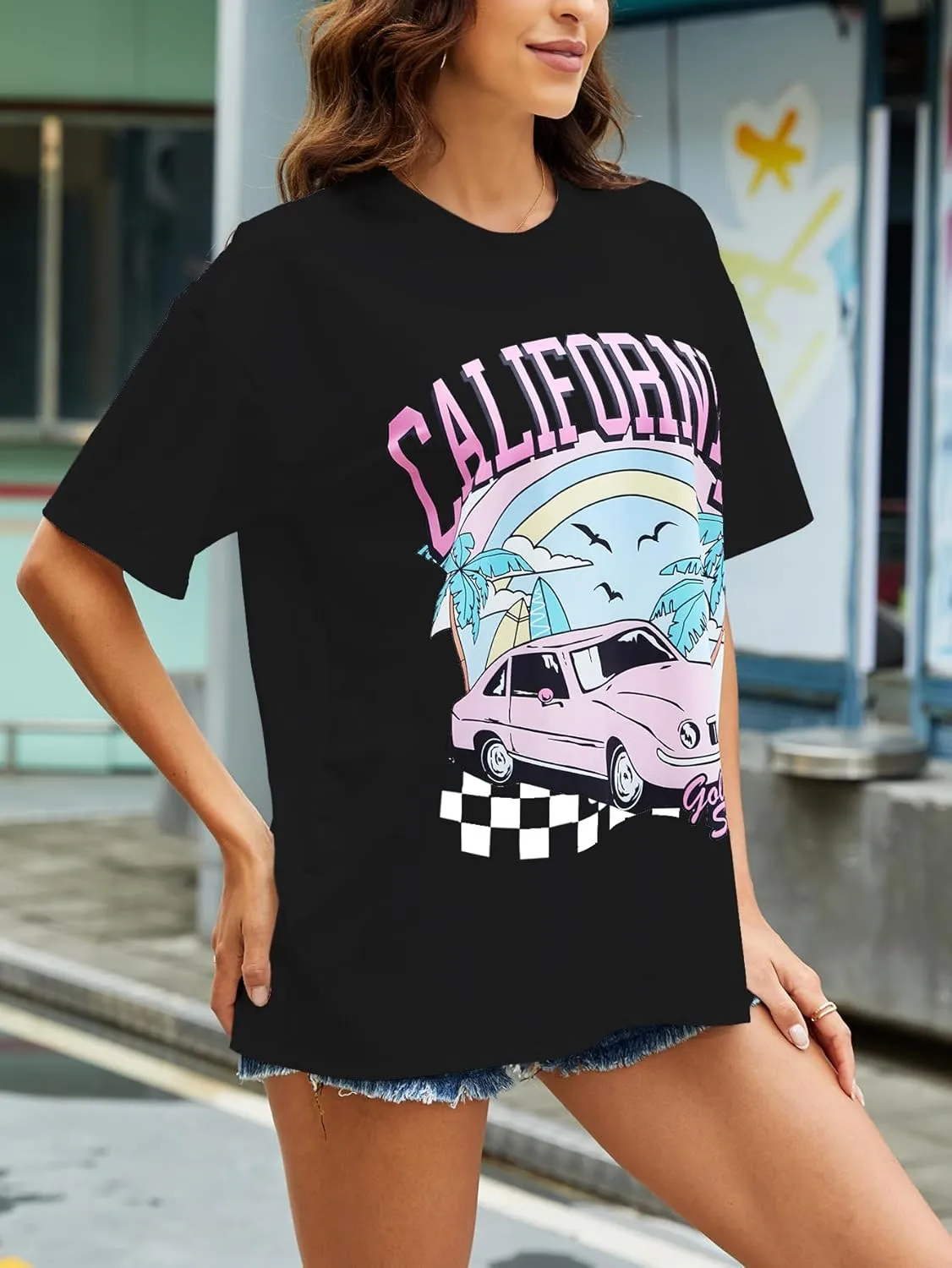 YIJIU Women's Graphic Oversized T Shirts Letter Print Short Sleeve Loose Casual Summer Tops