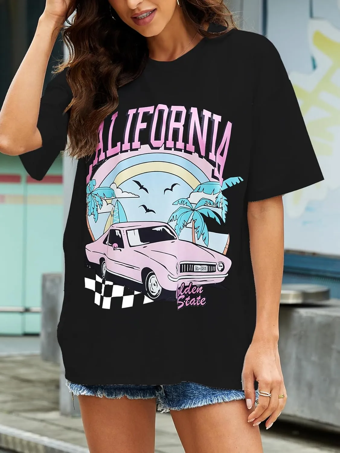 YIJIU Women's Graphic Oversized T Shirts Letter Print Short Sleeve Loose Casual Summer Tops