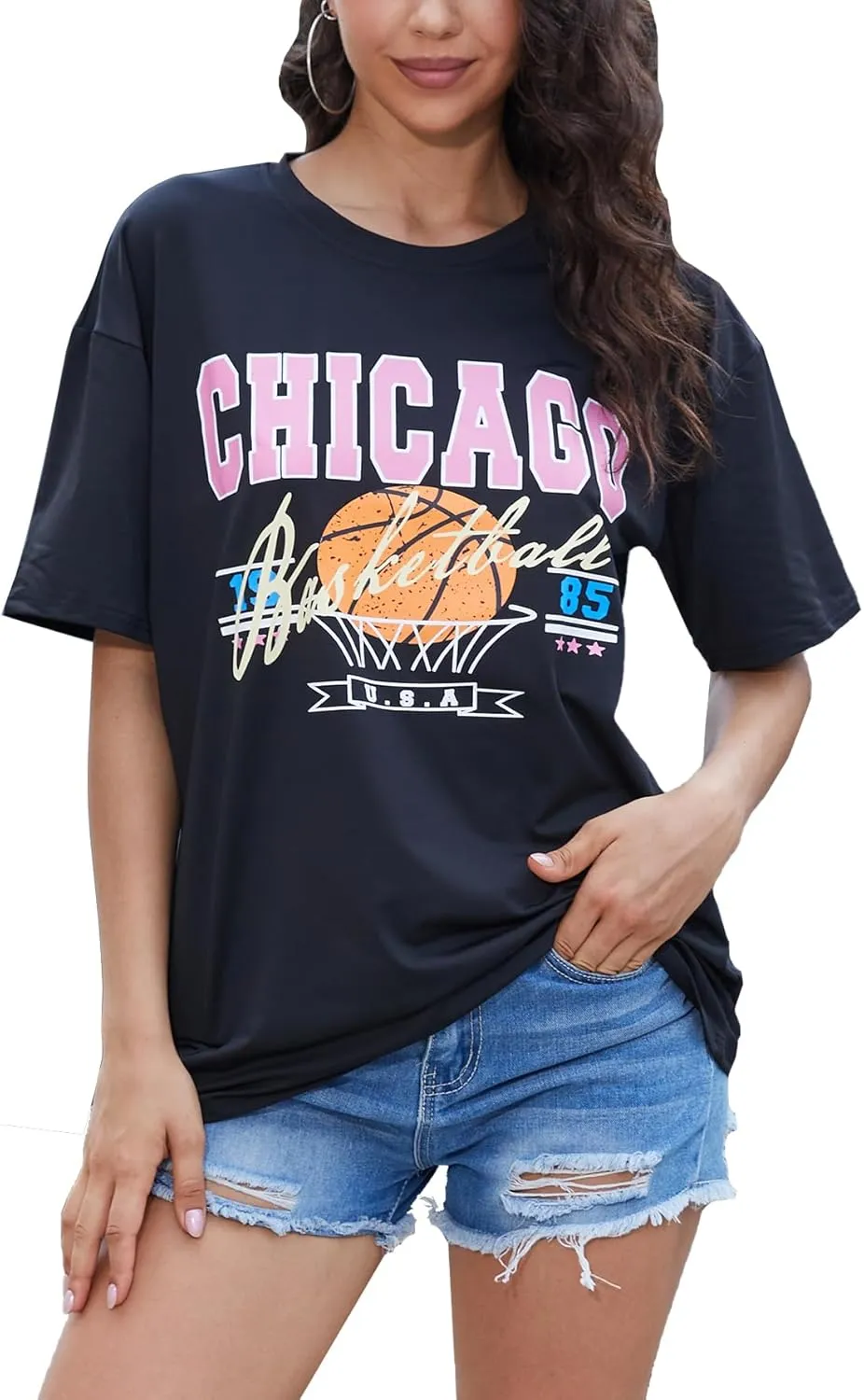 YIJIU Women's Graphic Oversized T Shirts Letter Print Short Sleeve Loose Casual Summer Tops