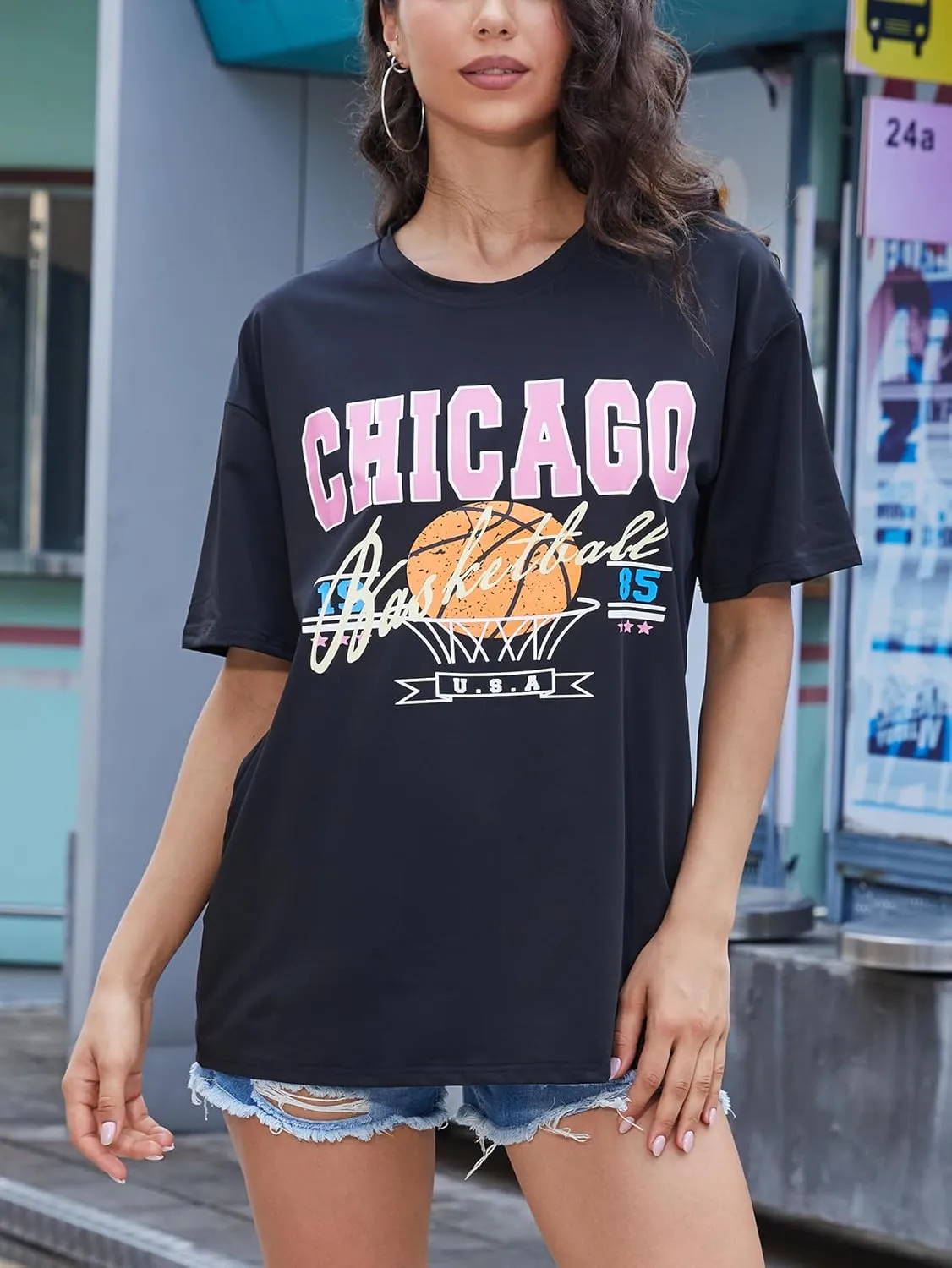 YIJIU Women's Graphic Oversized T Shirts Letter Print Short Sleeve Loose Casual Summer Tops