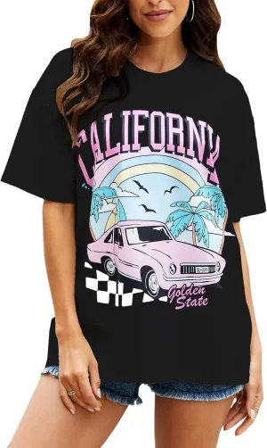 YIJIU Women's Graphic Oversized T Shirts Letter Print Short Sleeve Loose Casual Summer Tops