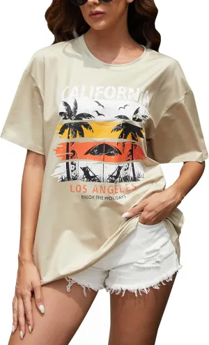 YIJIU Women's Graphic Oversized T Shirts Letter Print Short Sleeve Loose Casual Summer Tops