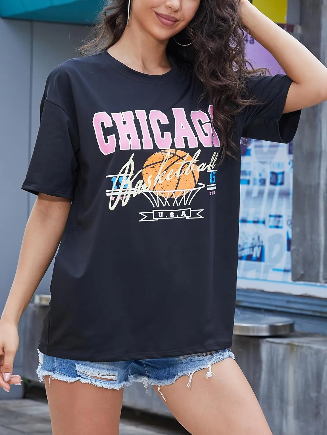 YIJIU Women's Graphic Oversized T Shirts Letter Print Short Sleeve Loose Casual Summer Tops