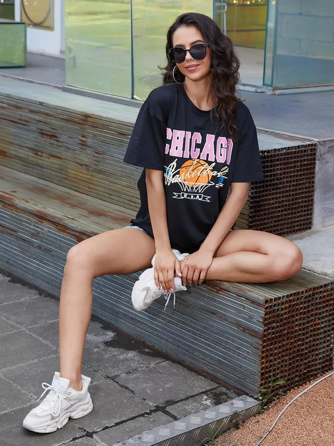 YIJIU Women's Graphic Oversized T Shirts Letter Print Short Sleeve Loose Casual Summer Tops