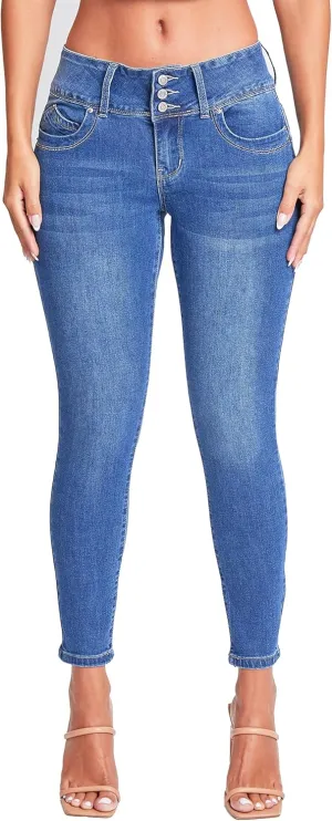 YMI Womens Wannabettabutt 3 Button Mid-Rise Skinny Jean Made with Recycled Fibers