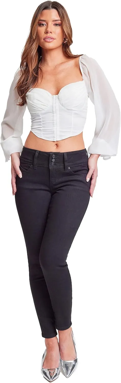 YMI Womens Wannabettabutt 3 Button Mid-Rise Skinny Jean Made with Recycled Fibers