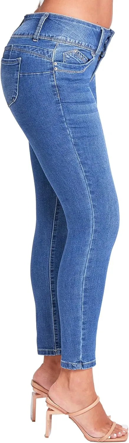 YMI Womens Wannabettabutt 3 Button Mid-Rise Skinny Jean Made with Recycled Fibers