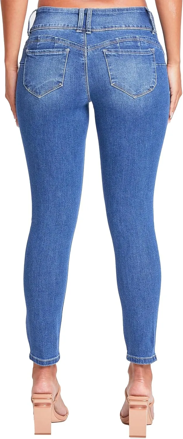 YMI Womens Wannabettabutt 3 Button Mid-Rise Skinny Jean Made with Recycled Fibers