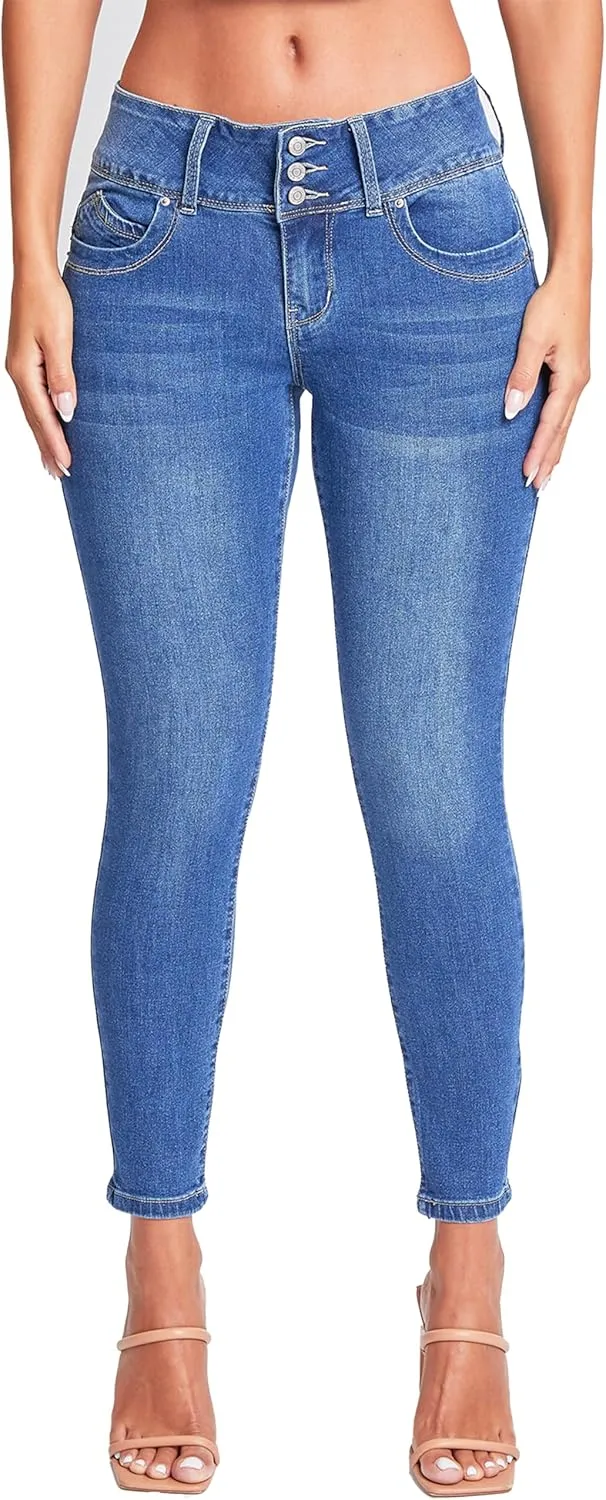 YMI Womens Wannabettabutt 3 Button Mid-Rise Skinny Jean Made with Recycled Fibers