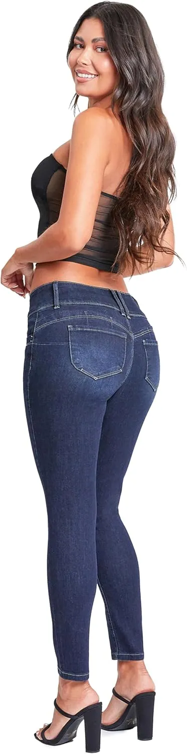 YMI Womens Wannabettabutt 3 Button Mid-Rise Skinny Jean Made with Recycled Fibers