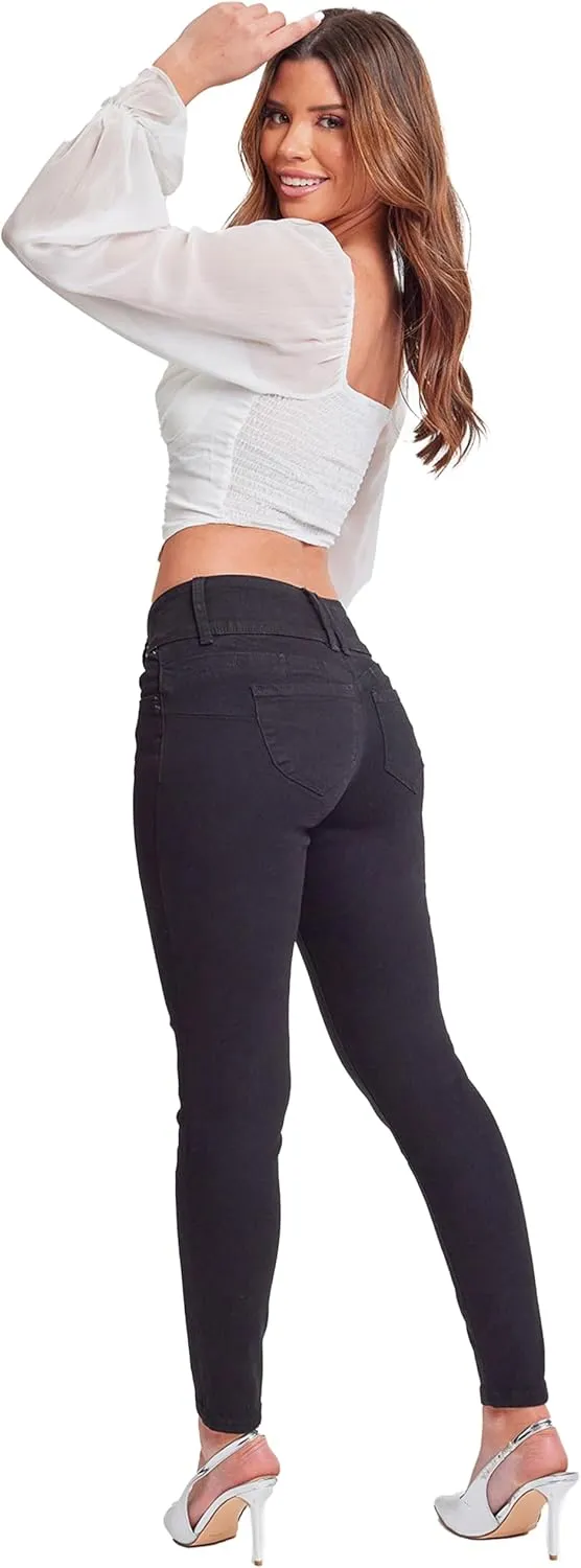 YMI Womens Wannabettabutt 3 Button Mid-Rise Skinny Jean Made with Recycled Fibers