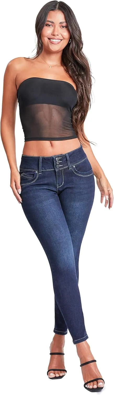 YMI Womens Wannabettabutt 3 Button Mid-Rise Skinny Jean Made with Recycled Fibers