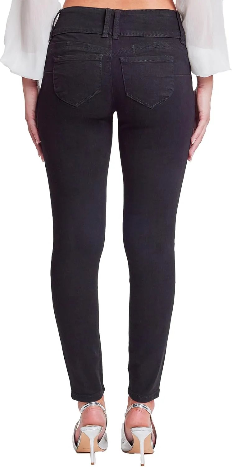 YMI Womens Wannabettabutt 3 Button Mid-Rise Skinny Jean Made with Recycled Fibers