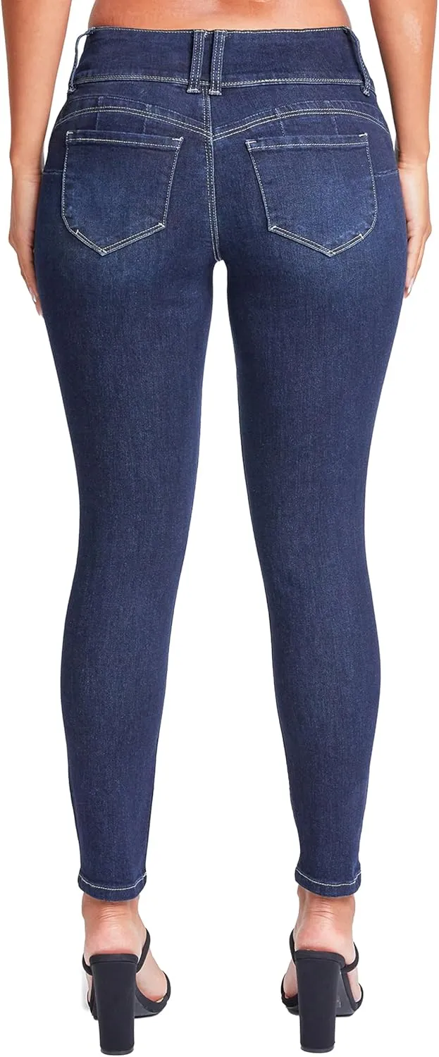 YMI Womens Wannabettabutt 3 Button Mid-Rise Skinny Jean Made with Recycled Fibers