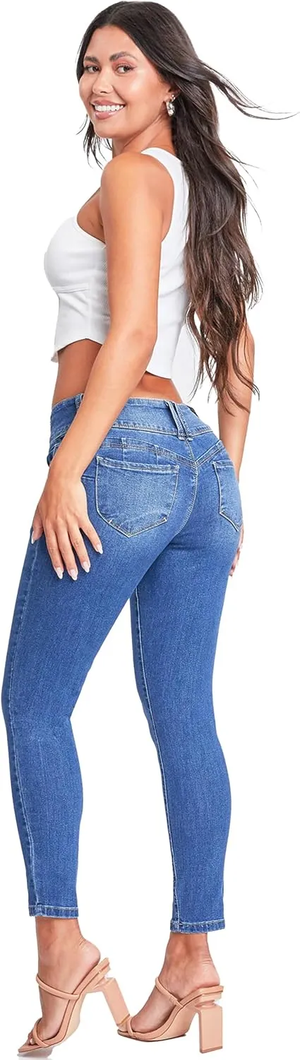 YMI Womens Wannabettabutt 3 Button Mid-Rise Skinny Jean Made with Recycled Fibers