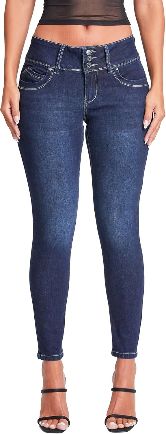 YMI Womens Wannabettabutt 3 Button Mid-Rise Skinny Jean Made with Recycled Fibers