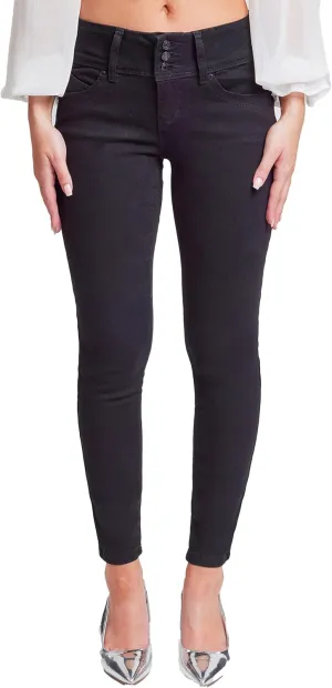YMI Womens Wannabettabutt 3 Button Mid-Rise Skinny Jean Made with Recycled Fibers