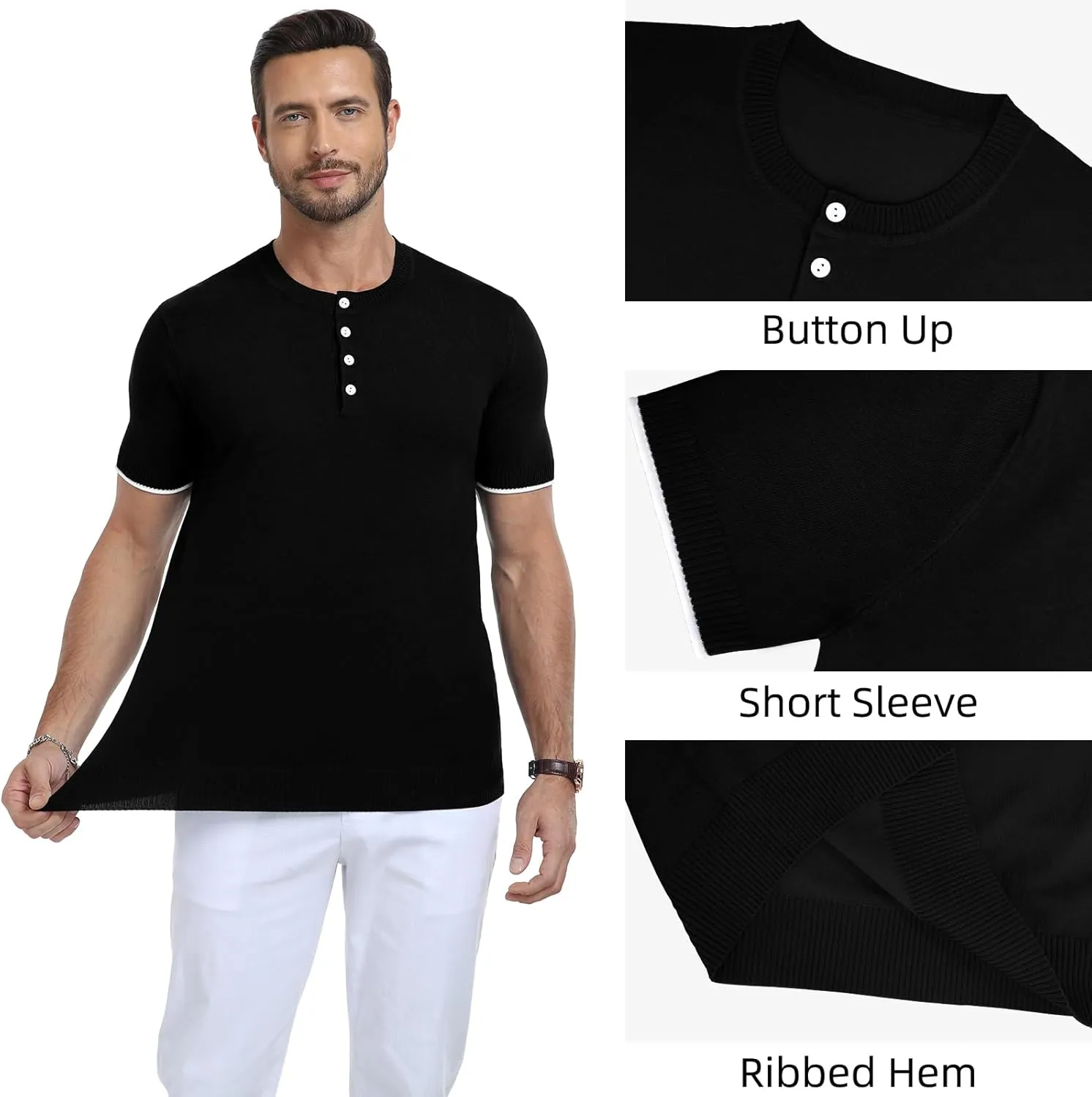 YTD Men's Short Sleeve Henley T-Shirts Casual Knit Shirt Summer Fashion Lightweight Henley Button Tee