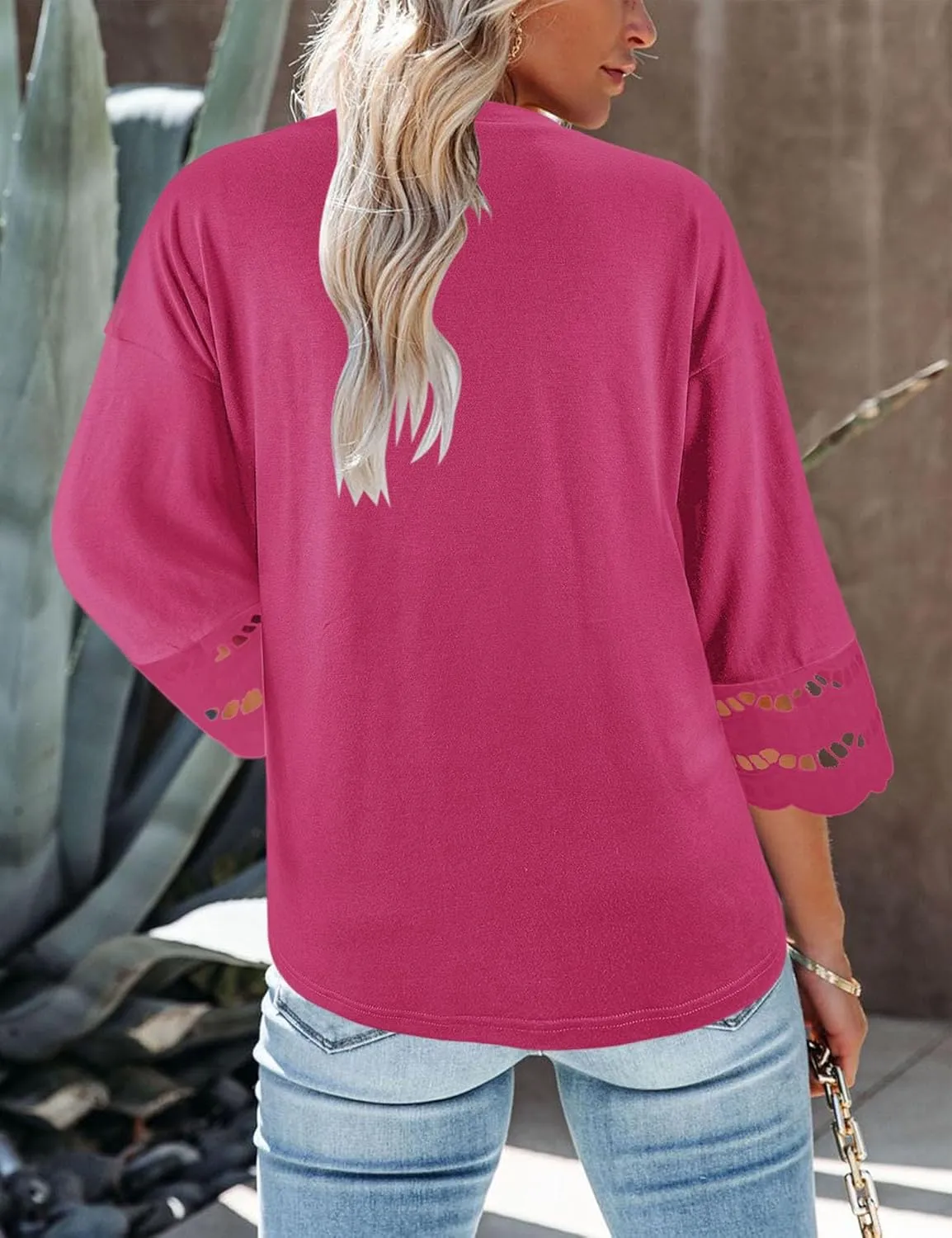 Yuccalley Women's 3/4 Lace Sleeve Summer T-Shirts Casual Round Neck Loose Fit Tee Tops