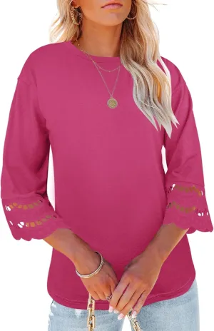 Yuccalley Women's 3/4 Lace Sleeve Summer T-Shirts Casual Round Neck Loose Fit Tee Tops