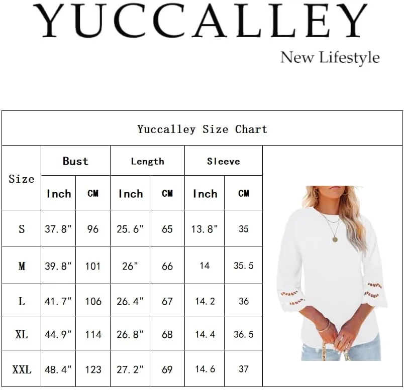 Yuccalley Women's 3/4 Lace Sleeve Summer T-Shirts Casual Round Neck Loose Fit Tee Tops