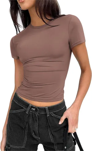 Zeagoo Women Crewneck Slim Fitted Short Sleeve T Shirts Cute Stretchy Bodycon Basic Tee Tops