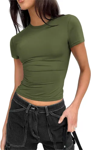 Zeagoo Women Crewneck Slim Fitted Short Sleeve T Shirts Cute Stretchy Bodycon Basic Tee Tops