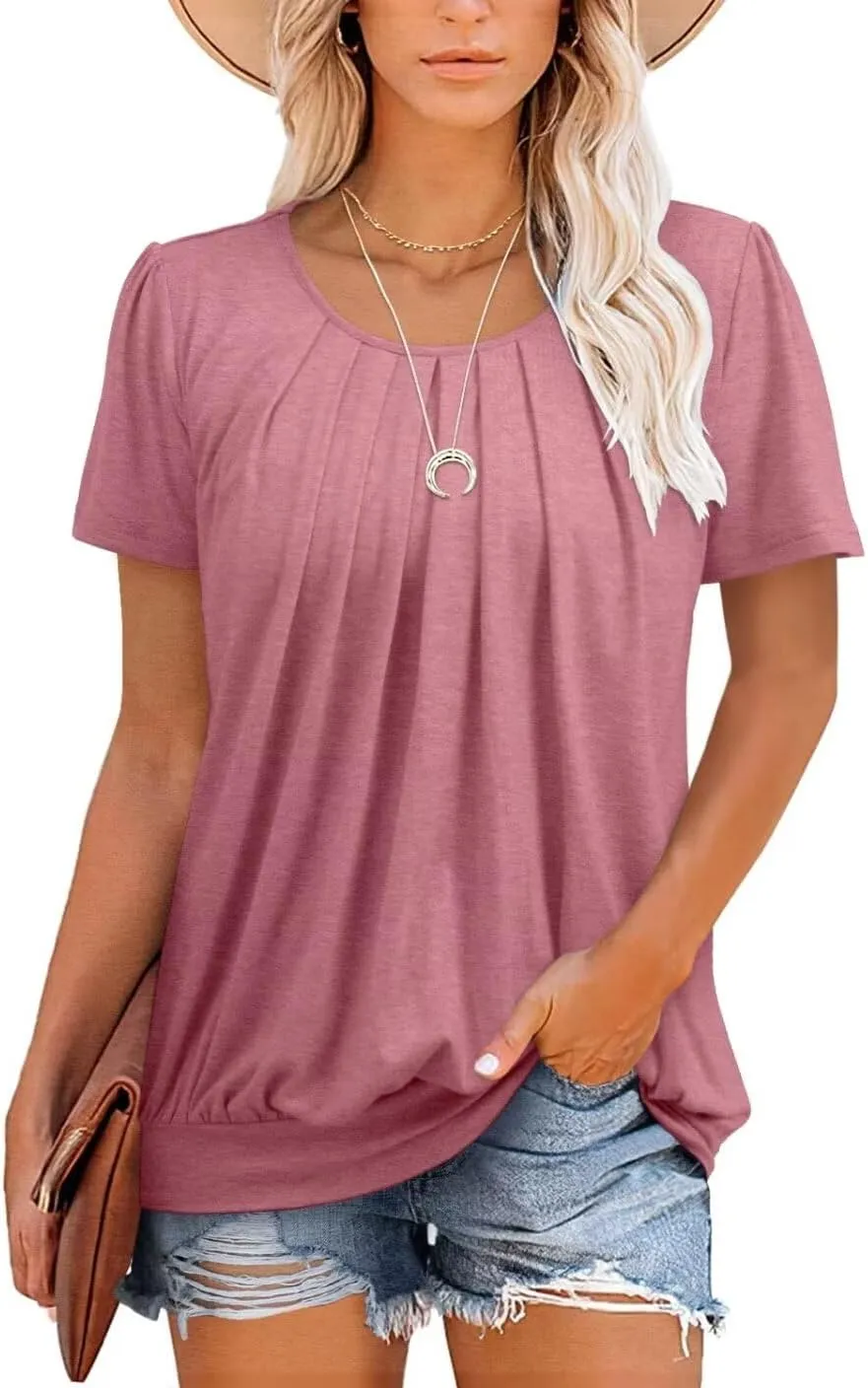 ZOLUCKY Womens Casual Short Sleeve Tunic Tops Scoop Neck T Shirts Summer Loose Fit Tunics